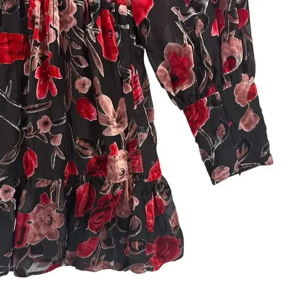 Fate Womens‎ Large Floral Velvet Mini Dress Sheer Romantic Cottagecore - Picture 12 of 13